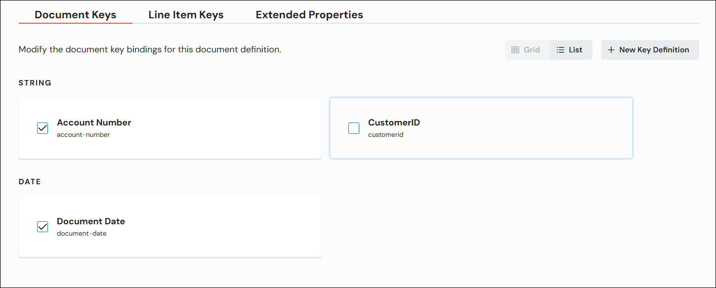 Grid view for binding and unbinding document keys.